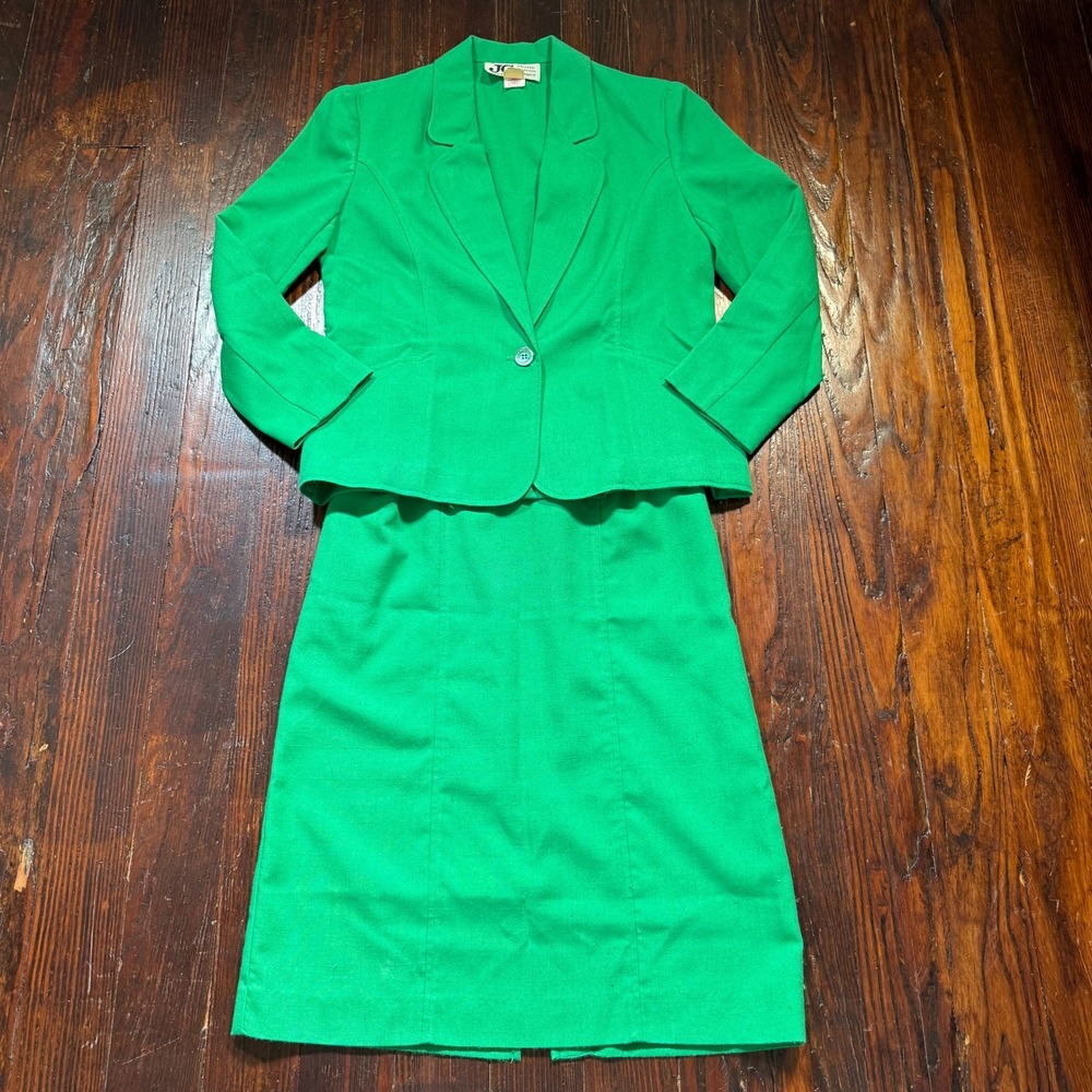 Vintage JG Petite Skirt Suit Womens 5/6 Green Blazer Pencil Skirt Set USA Made